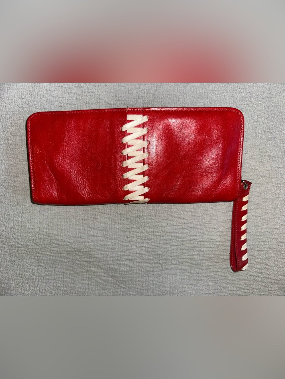 Jennifer Scott Red Leather Zip Wristlet with Ivory Lacing Detail